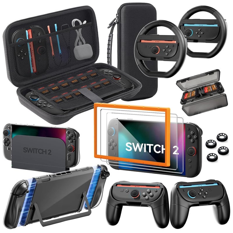 BINBOK Pro Controllers Accessories Bundle for Nintendo Switch 2 18-in-1: Carrying Case, Screen Protector, Thumb Grip for Joycon, Dockable Console Protective Cover Shell, Steering Wheel, 2025 Switch2 Game Kit (Black (No Controller)) - Image 1